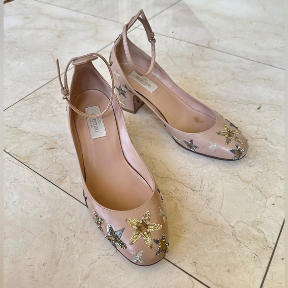 Valentino Beige Calfskin Star Embellished Ballet Pumps Heels 37.5 Like NEW - Picture 2 of 6